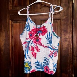 Floral Print Women's Top - White with Pink and Blue Accents